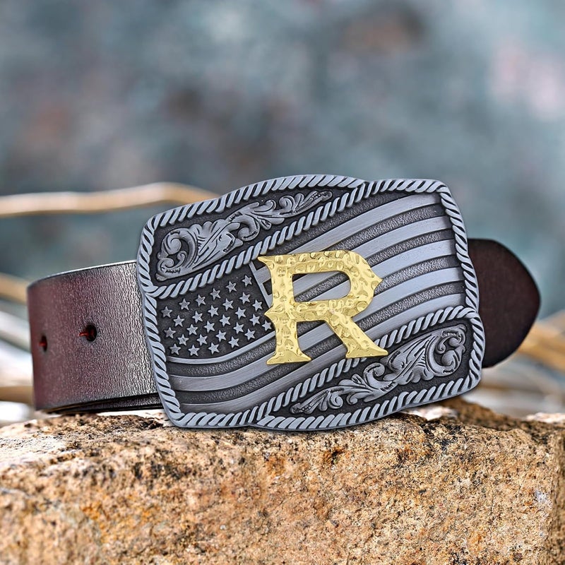 Fibbadet Store Western Cowboy Initial Letters A-Z American Flag Belt Buckle for Men Fathers Day Boyfriend Husband - Image 2